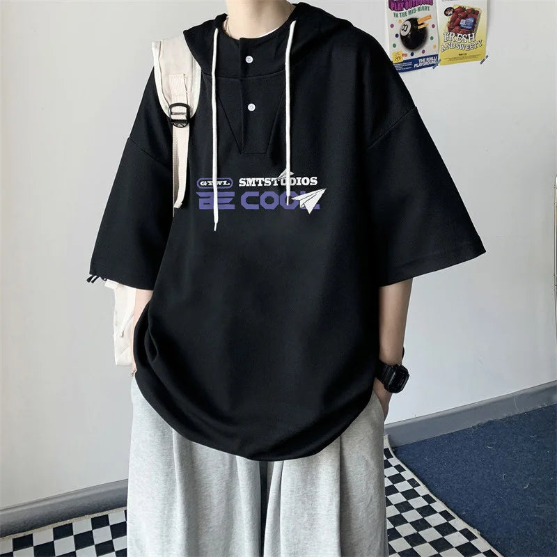 Harajuku Vintage anime – New Mens Casual Hooded Y2K T Shirt Summer Short Sleeve