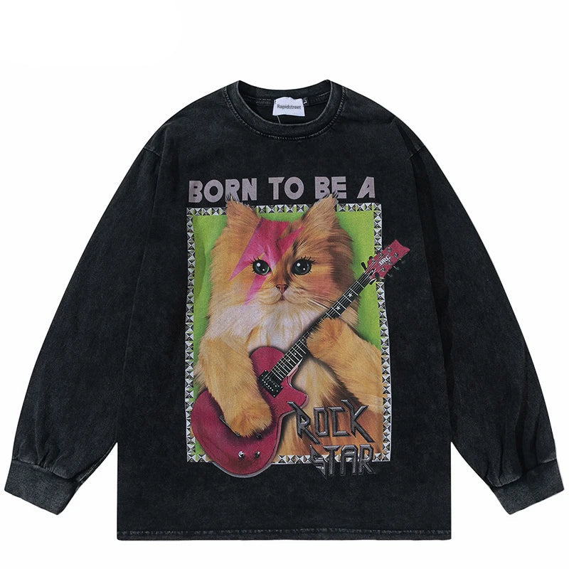 Cyberpunk Shirt – Hip Hop Long Sleeve Tshirt Streetwear Guitar Cat Graphic Pri – Edgy Streetwear for All Genders