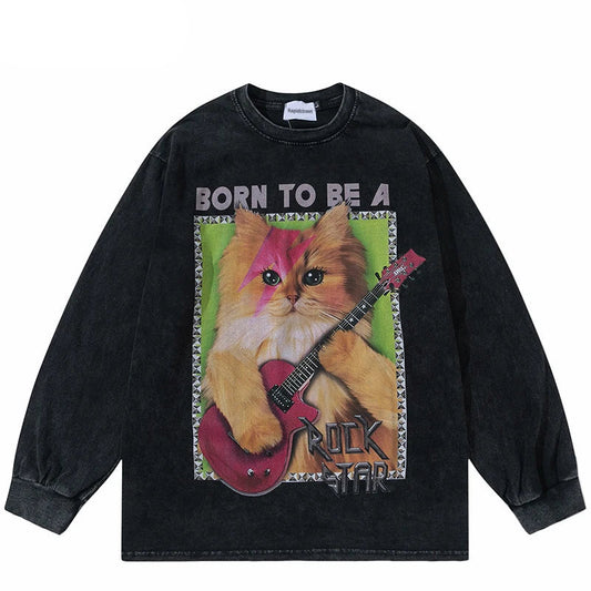 Cyberpunk Shirt – Hip Hop Long Sleeve Tshirt Streetwear Guitar Cat Graphic Pri – Edgy Streetwear for All Genders