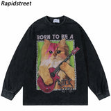 Cyberpunk Shirt – Hip Hop Long Sleeve Tshirt Streetwear Guitar Cat Graphic Pri – Edgy Streetwear for All Genders