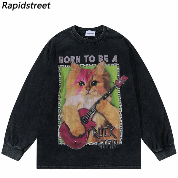Cyberpunk Shirt – Hip Hop Long Sleeve Tshirt Streetwear Guitar Cat Graphic Pri – Edgy Streetwear for All Genders