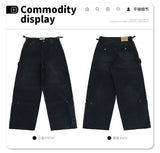 Washed and worn multi-pocket cargo jeans