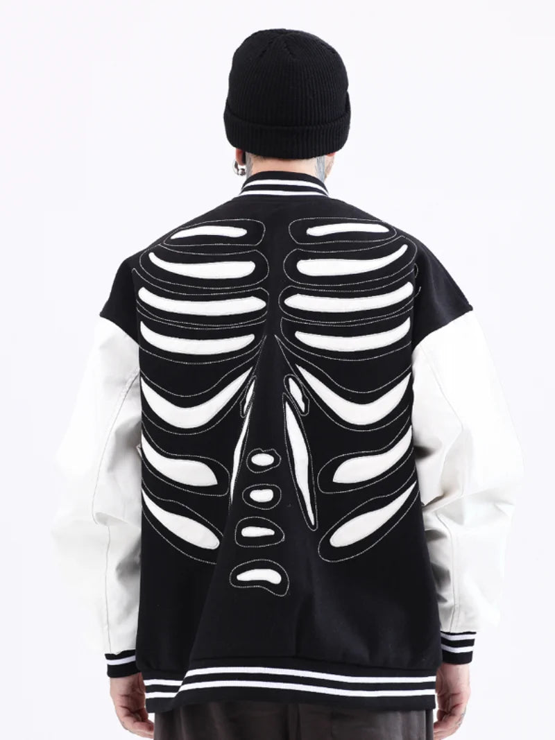 mens streetwear jacket bone skeleton baseball bomber retro coat hip hop harajuku loose oversized unisex black fashion photo s - variant style 862a1f for streetwear fashion