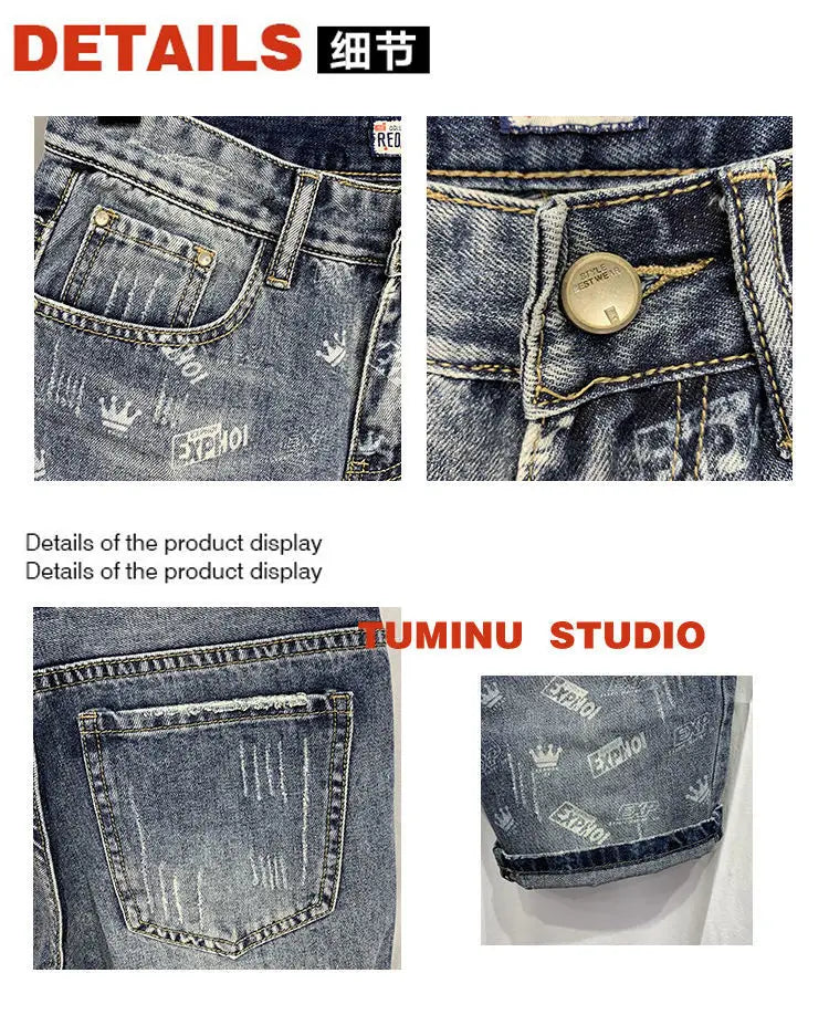 22 year denim shorts mens summer korean style printed korean style casual pants unique jeans style 1969