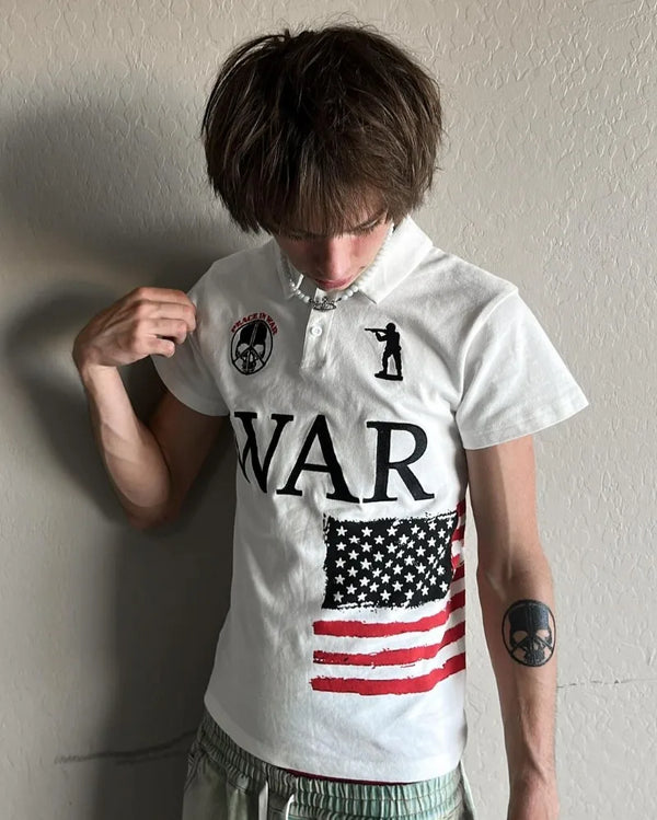 New Summer Skull Letter Print Oversized Lapel Top Men Y2k Loose Casual Street Hip-hop Rock Polo Shirt Short-sleeved Women