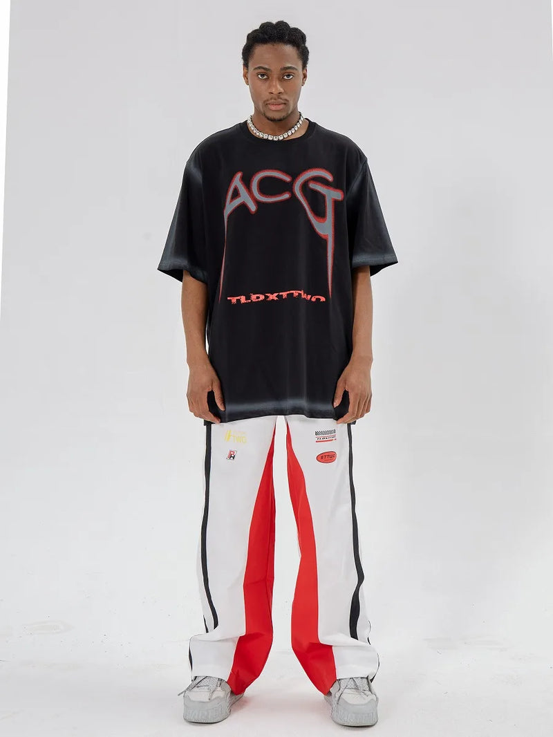 high street side striped spliced straight pants unisex elastic waist streetwear casual racing biker sportwear pants joggers men unique joggers style 4014