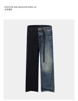 men streetwear fashion black blue splice hip hop loose casual wide leg straight baggy jeans pant cityboy jeans pants trousers unique jeans style 2646