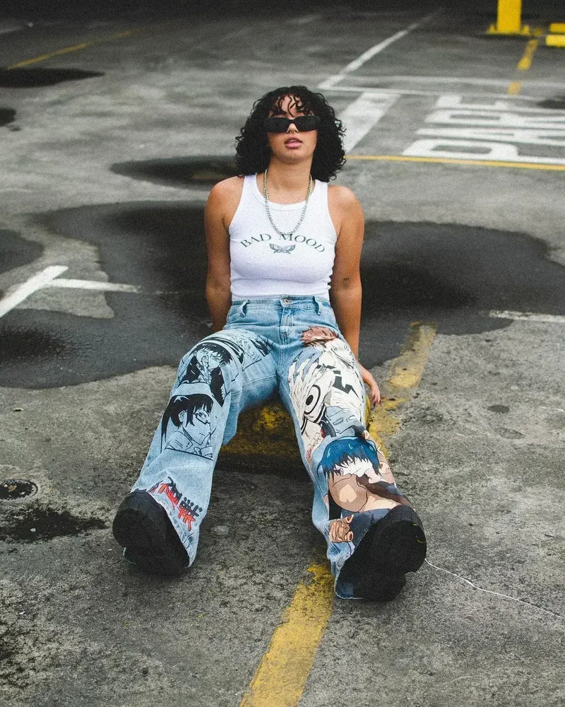 harajuku high street y2k baggy jeans punk popular print wide leg denim pants jeans streetwear trouser men clothing unique jeans style 2183