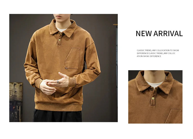 Autumn Y2K Vintage Long Sleeve Sweatshirt Mens Loose Pockets Polo Neck
