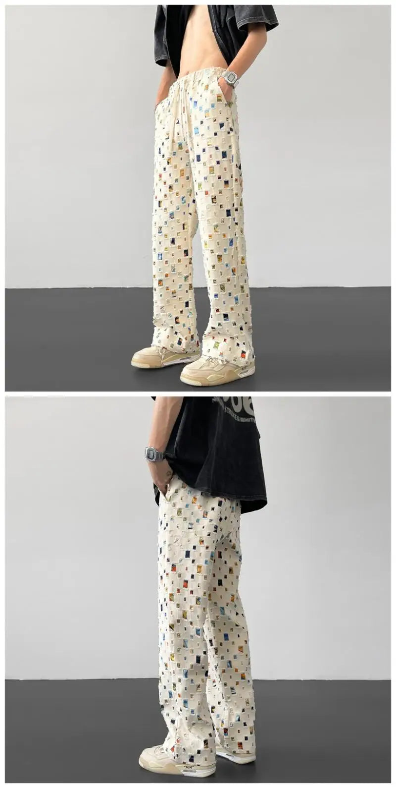 cotton casual pants men fashion retro colored plaid pants men streetwear hip hop loose hollow out pants mens hole trousers m 3xl unique default style 3806