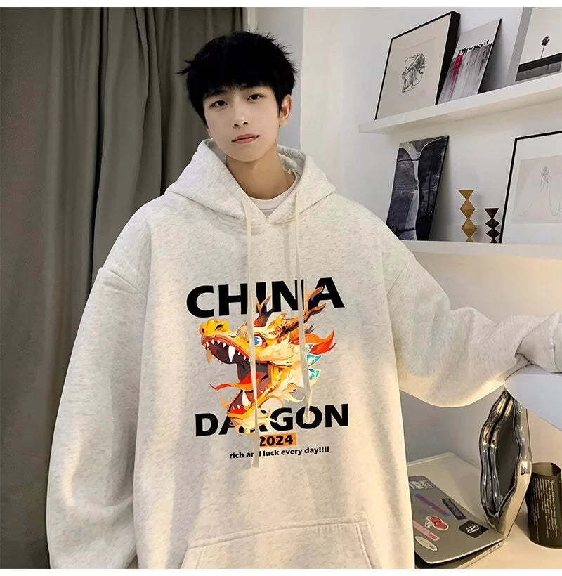 2024 New China Dragon Graphic Hoodies Men Hip Hop Streetwear Hoodie