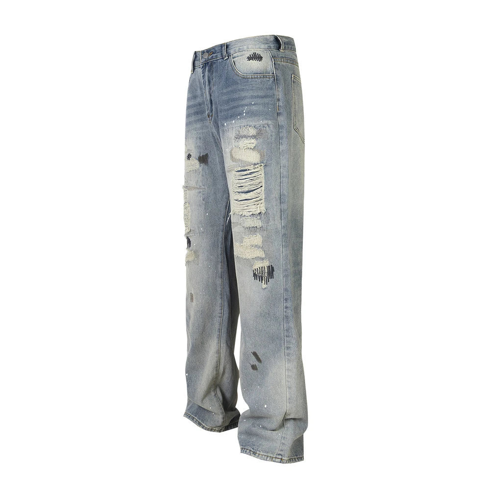 mens fashion ripped jeans blue straight baggy jeans trousers luxury loose casual distressed denim pants male 1 unique jeans style 4601