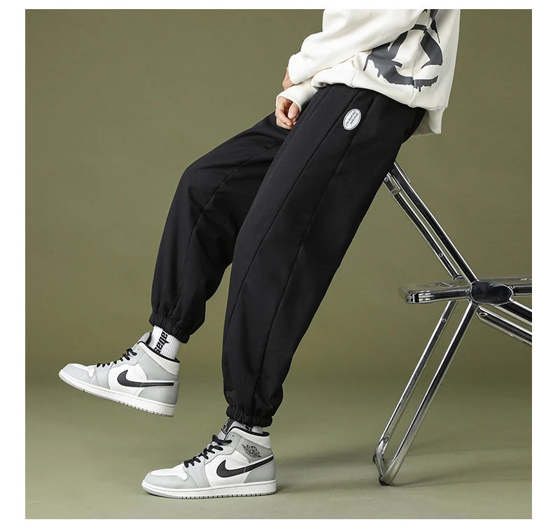 mens high street loose fit elastic waist pants winter warm fleece pants hip hop solid drawstring sportwear sweatpants joggers unique joggers style 1670