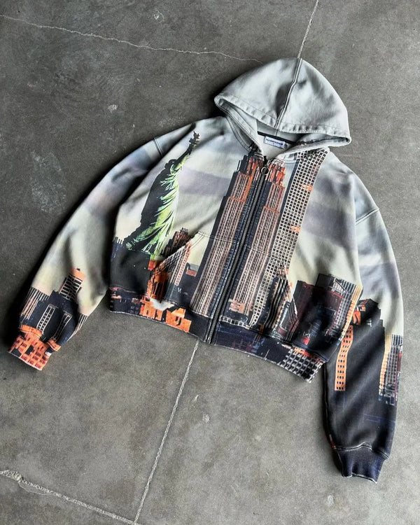 Y2K Retro Harajuku Statue Of Liberty Pattern Hoodie Fashion Casual Lon
