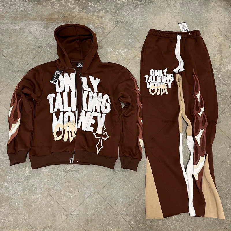 American Fashion Gothic Flame Letter Print Oversized Hoodie Mens Y2K S