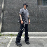 y2k streetwear trendy oversized micro flare jeans black ro hip hop washed tassel distressed denim jean raw edge mens wide pants urban skinny jeans