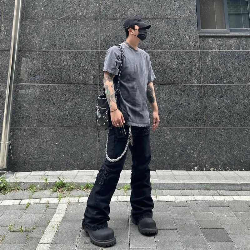 y2k streetwear trendy oversized micro flare jeans black ro hip hop washed tassel distressed denim jean raw edge mens wide pants urban skinny jeans