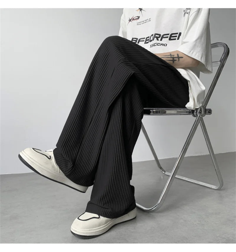 summer texture straight pants for men korean fashion baggy wide leg trousers casual drape pleated striped y2k pantalones hombre unique default style 498
