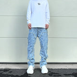 men distressed ripped patchwork paisley denim jean trouser fashion zipper biker jeans streetwear flare pants loose joggers jeans unique joggers style 5036