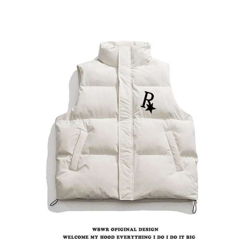 2024 Winter Korean Printed Stand Collar Vest Cotton Jacket New Ins American Street Casual Personality