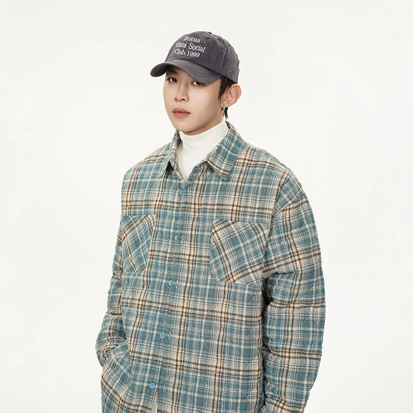 Autumn Winter Men Streetwear Fashion Loose Casual Oversize Plaid Cotton-padded Shirt Style Parkas Jacket Campus Couple Coat
