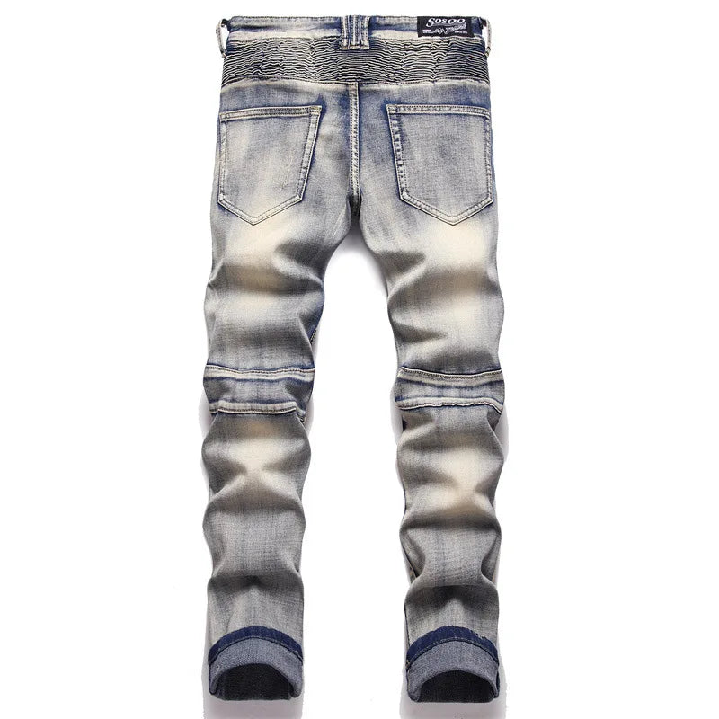 distressed washed pleated denim jean pants new fashion biker jeans streetwear casual slim pants jogger y2k mens skinny joggers unique joggers style 4141