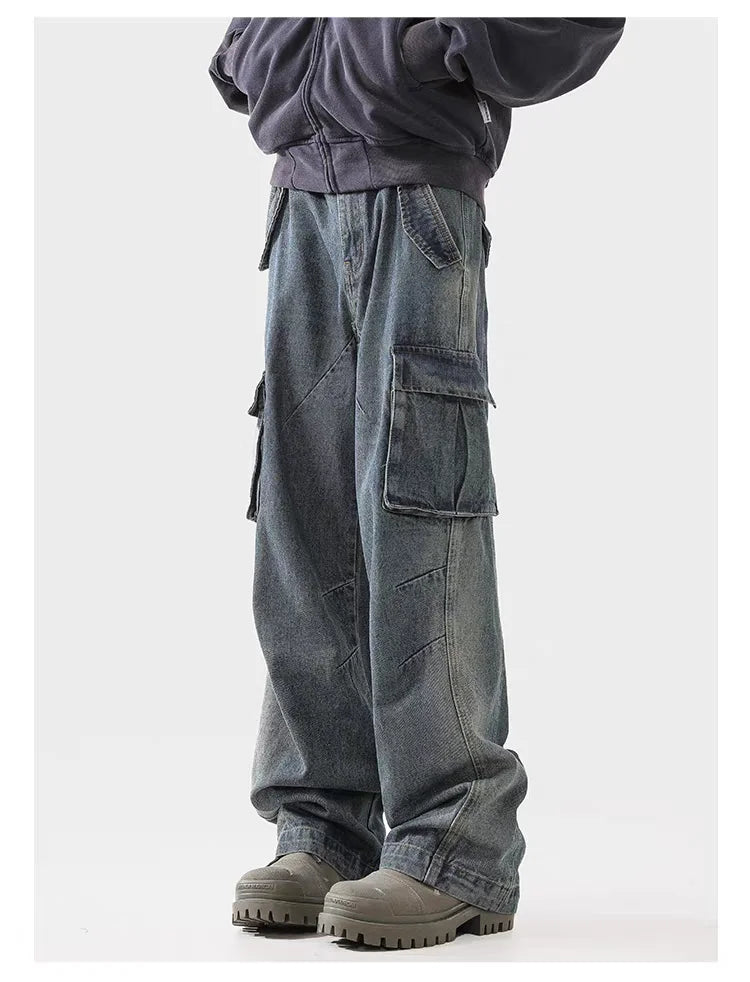 american spring and autumn street trendy personalized work clothes jeans for couples loose retro straight leg casual pants y2k unique jeans style 4977