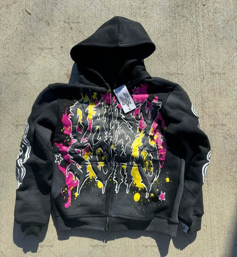 Gothic Punk Trend Pattern Printed Oversize Hoodie Men's 2023 New Street Hip-Hop Versatile Loose Pullover Sweatshirt Women's
