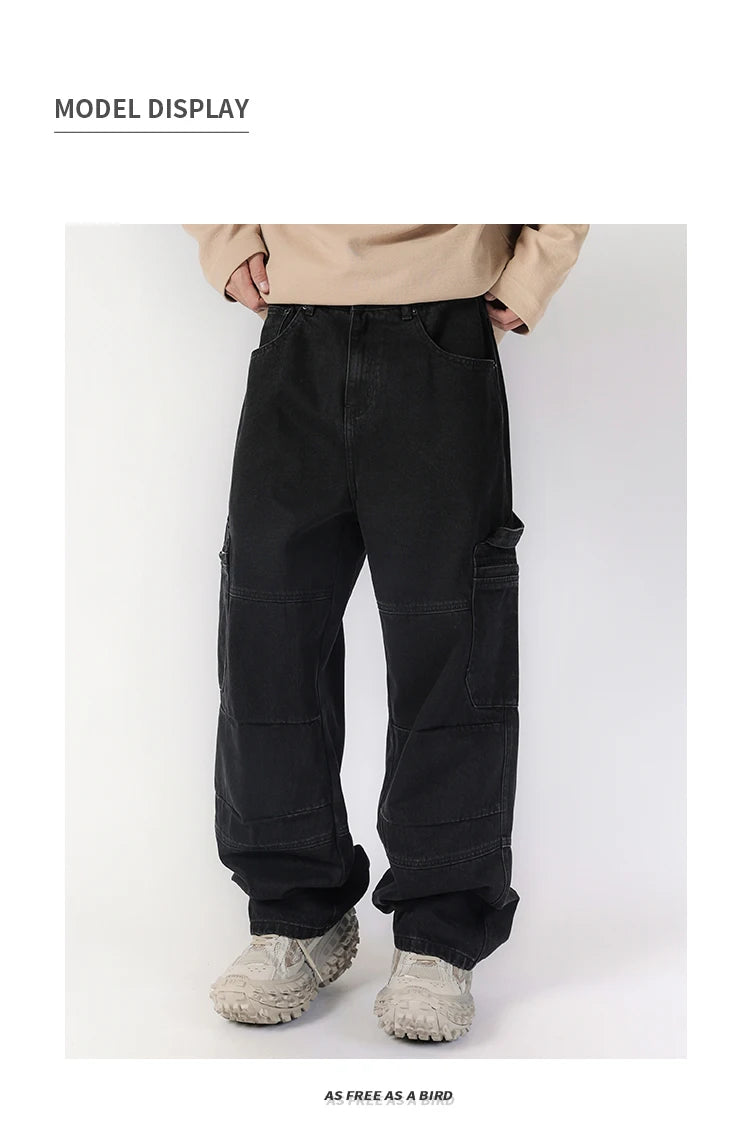 men american streetwear fashion loose casual hip hop wide leg black denim baggy jeans pants man y2k cargo jeans trousers unique cargo style 2343