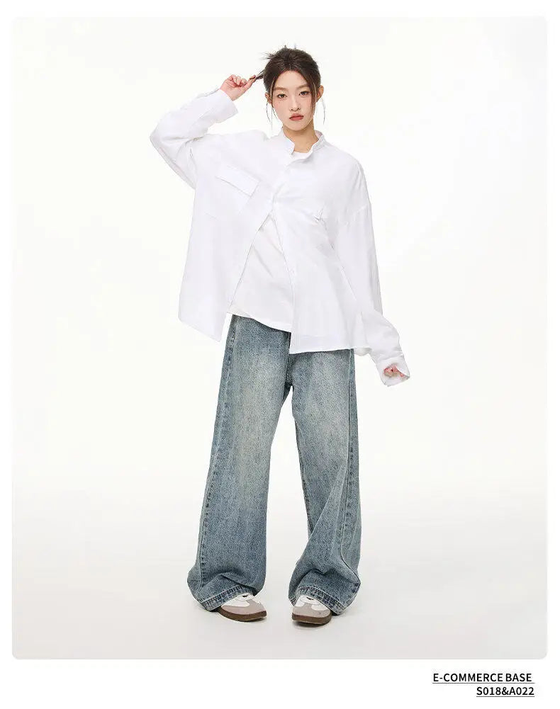 Men Loose Casual Streetwear Fashion Stand Collar Long Sleeve Black White Oversize Shirt Couple Plus Size Shirts Blouses