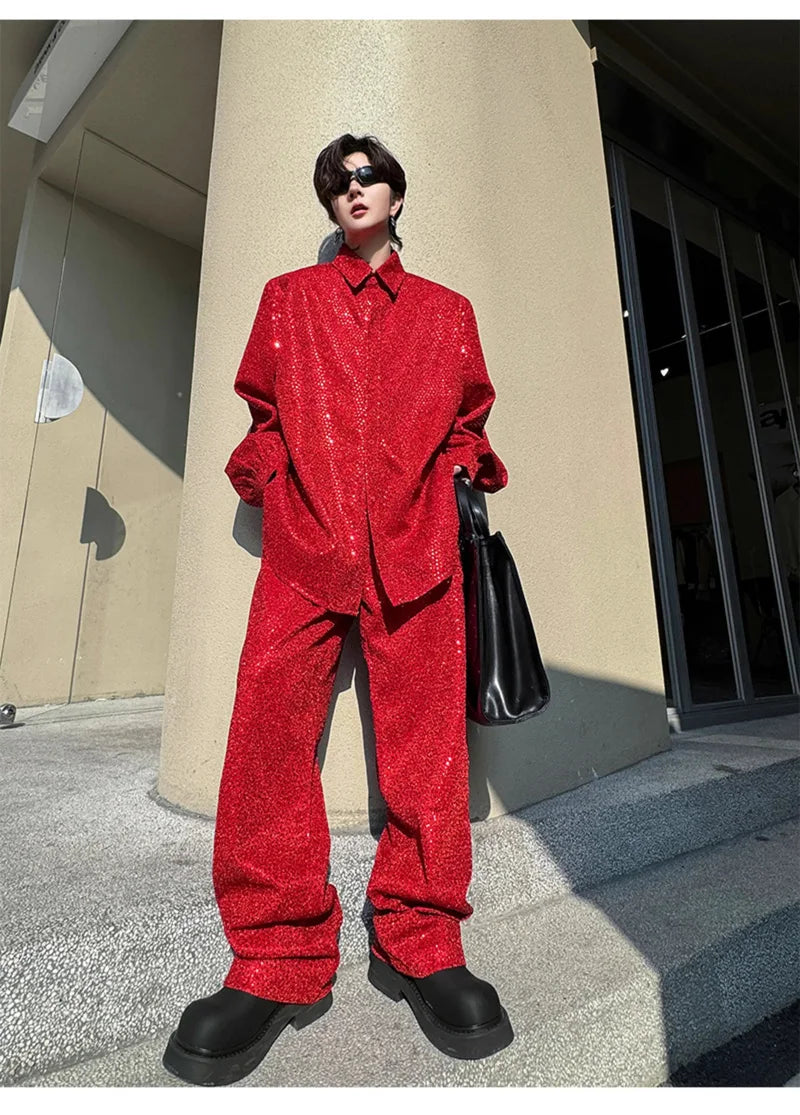 mens sequin 2 piece sets loose casual long sleeve shirt pant stage fashion party show clothing dress shirts trousers costumes unique default style 2887