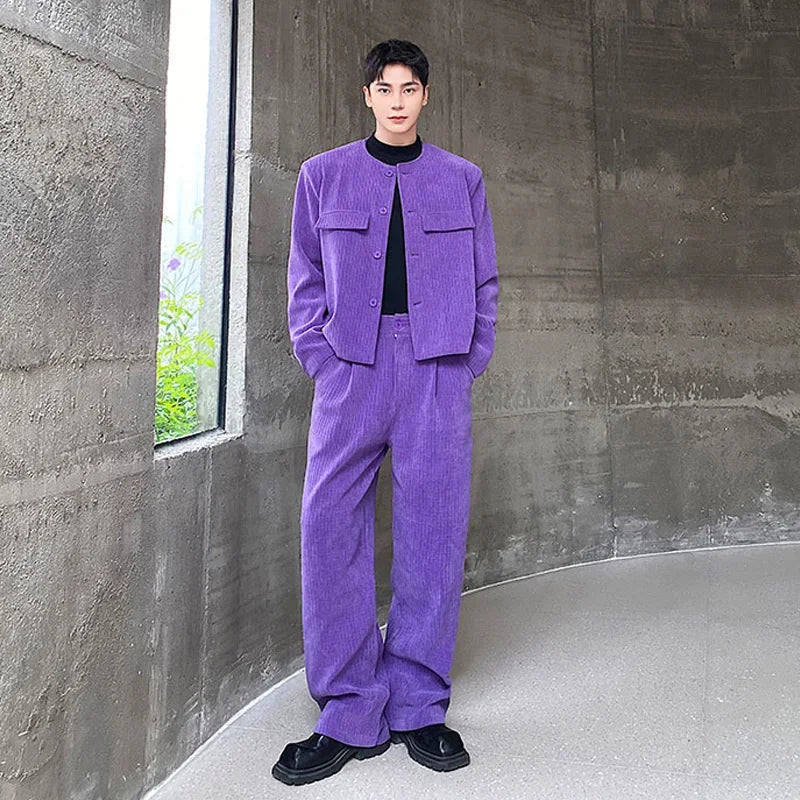 men 2 pieces sets corduroy short jacket wide leg pant suits korean streetwear fashion loose casual retro coat baggy trousers unique shorts style 2822
