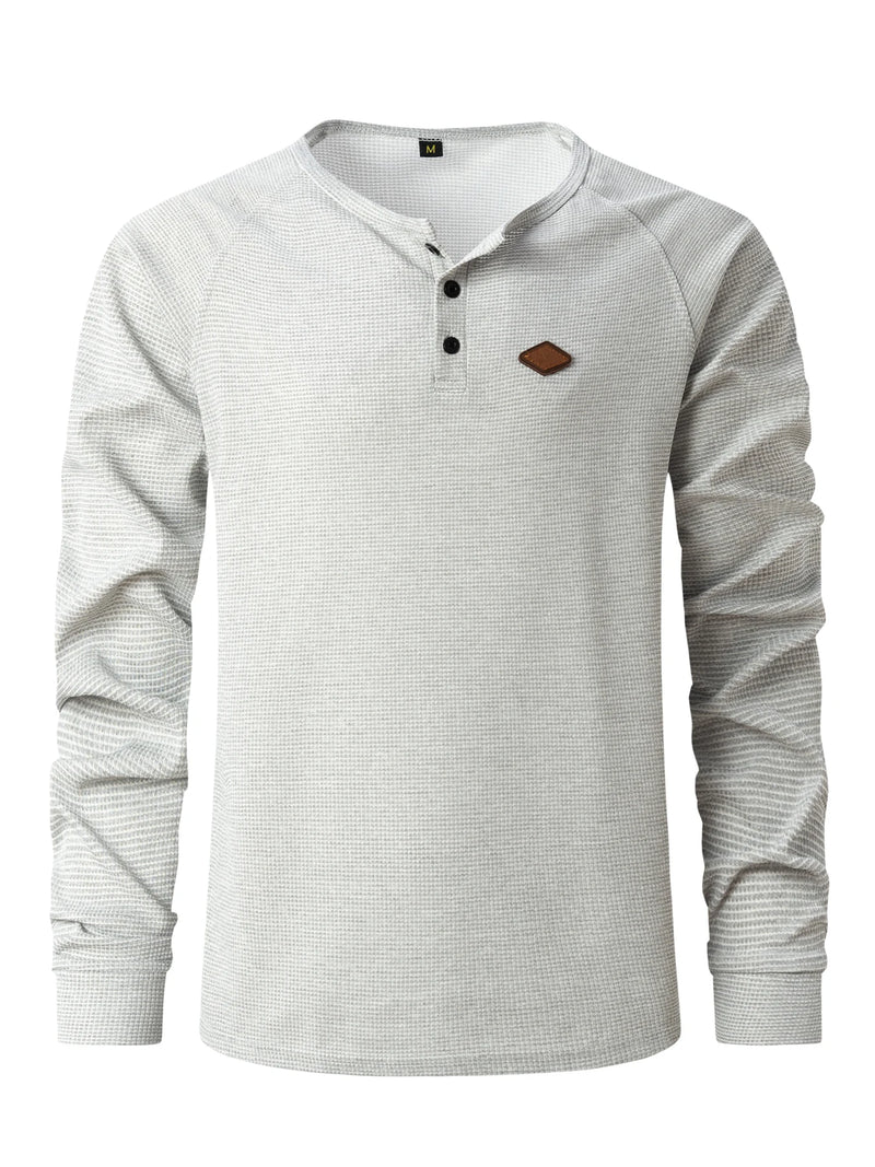 2024 New vintage Waffle Men's Henry shirt with button-down crew-neck and long sleeves