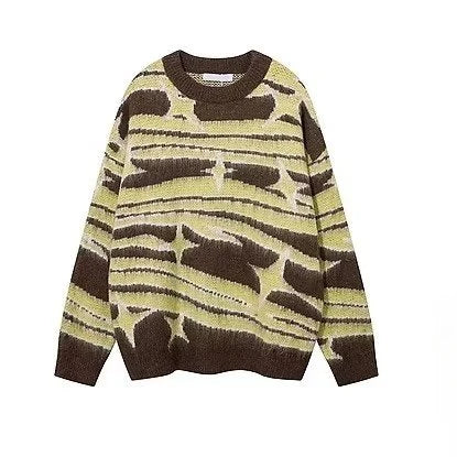 japanese hip hop sweater set men contrast zebra pattern round neck knit top splicing distressed loose jeans 2 pcs harajuku suit unique jeans style 4538