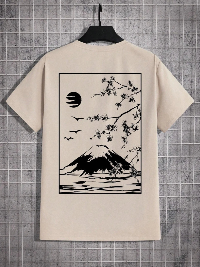 skatercore aesthetic print tee featuring 2024 tops sakura mount fuji print casual round neck t shirt for summer