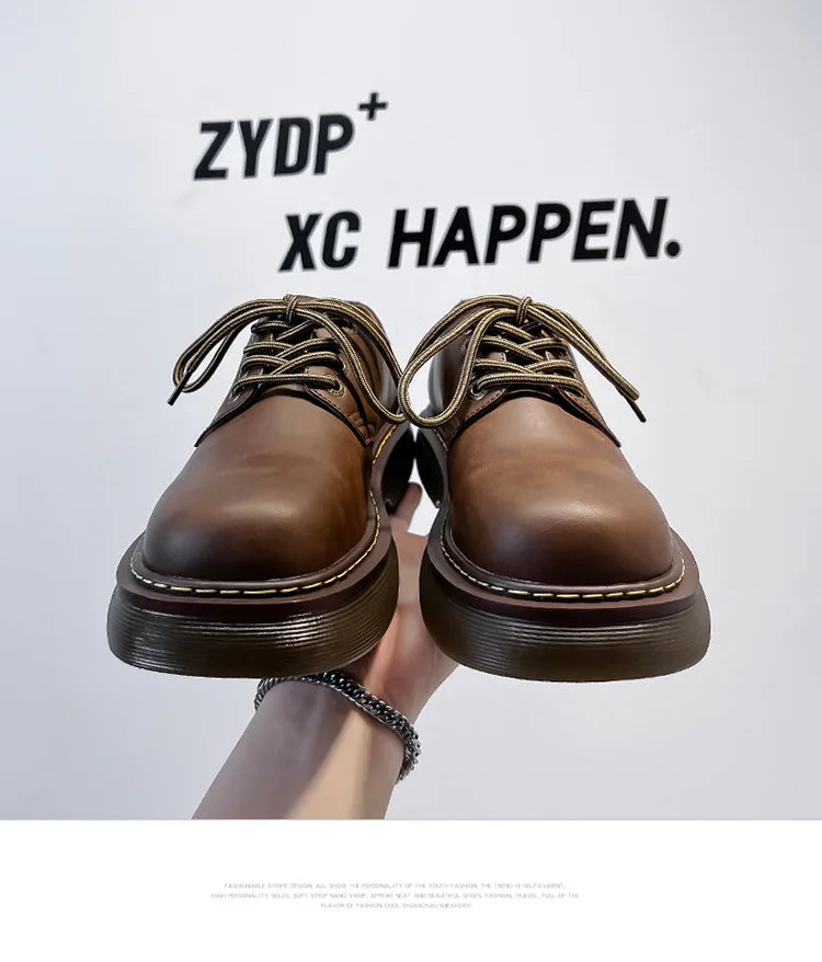 High Street Vintage Brown Big Toe Leather Shoes Men Women Streetwear Fashion Hip Hop Casual Increase Derby Shoes