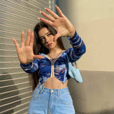 Spring Aesthetic Vintage Blue Tie Dye Elastic Slim Sexy Crop Tops Long Sleeve Hollow V-neck Woman Tshirts Streetwear Hot Girl