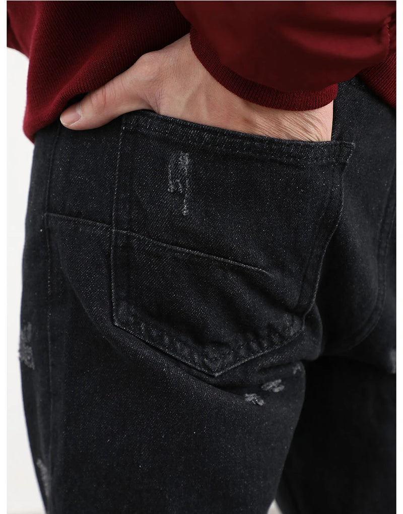 harajuku scratched ripped holes denim jeans mens zipper jeans hip hop fashion streetwear new casual straight joggers jean pants unique joggers style 2653