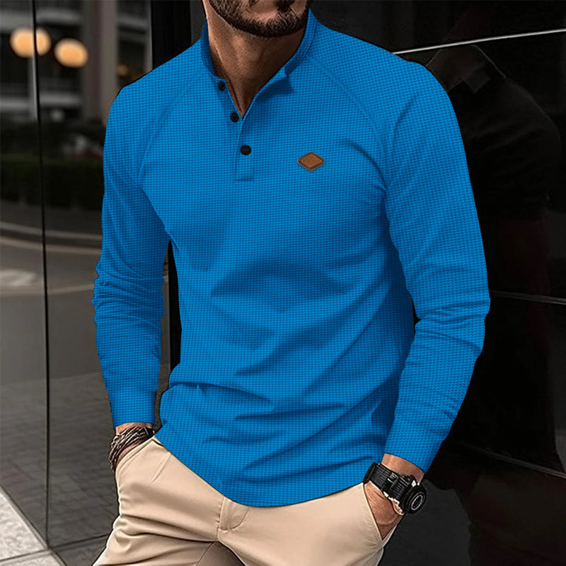 2024 New vintage Waffle Men's Henry shirt with button-down crew-neck and long sleeves