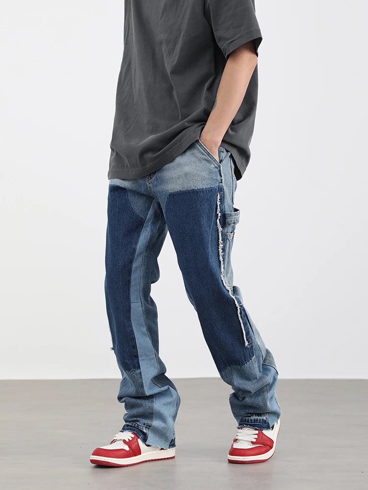 high street fashion contrast straight tube micro flared jean horn pant washing mens tassel vintage patchwork wide denim jeans unique jeans style 4991