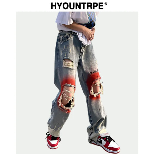 knee graffiti ripped holes denim jeans men unisex casual fire printed bottom zipper jeans streetwear hip hop jean pants joggers relaxed fit joggers