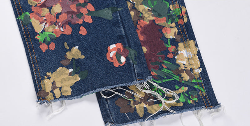 graffiti floral printed denim jean mens new casual zipper biker jeans fashion high street slim fit pants joggers hip hop jeans unique joggers style 1576