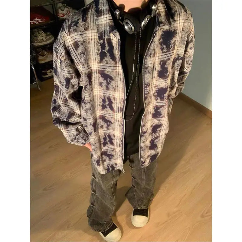 Autumn and Winter 2024 New Smudged Design Y2K Zipper Shirt Men's Korean Handsome Personality