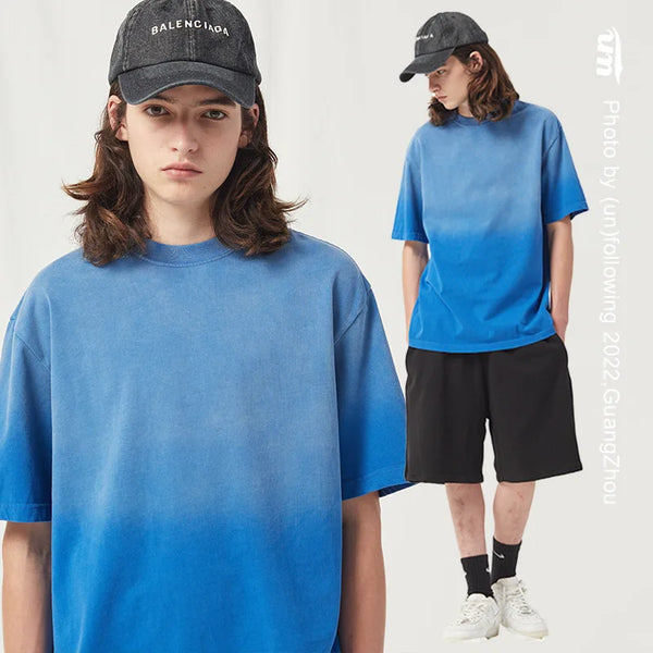 Spring Summer New Products Fried Color Wash Water Gradient Color Loose Short-sleeved Casual Basic Bottoming Round Neck