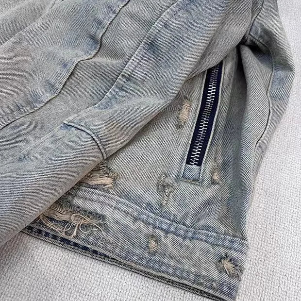 graphic outerwear featuring collarless wash denim motorcycle jacket design – premium quality jacket for men