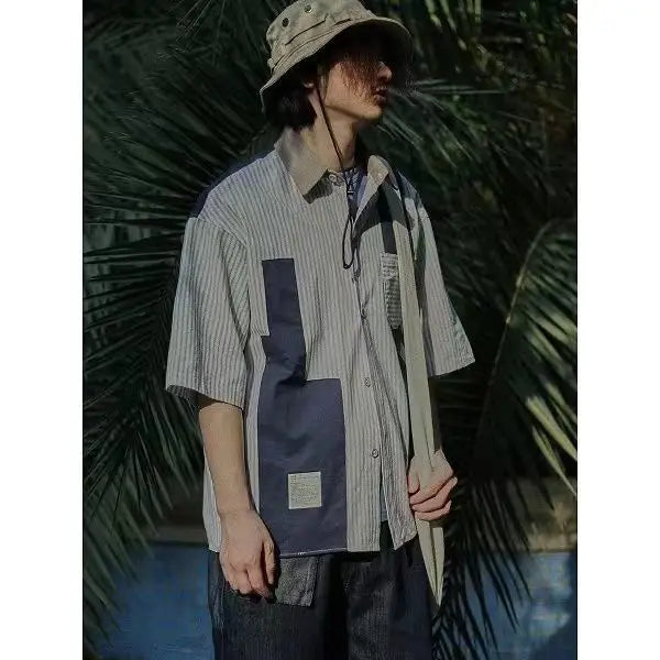 2023 Summer New Light Luxury Fashion Tooling Short-sleeved Shirt Men Loose Couple Casual Striped Shirt Boutique Clothing