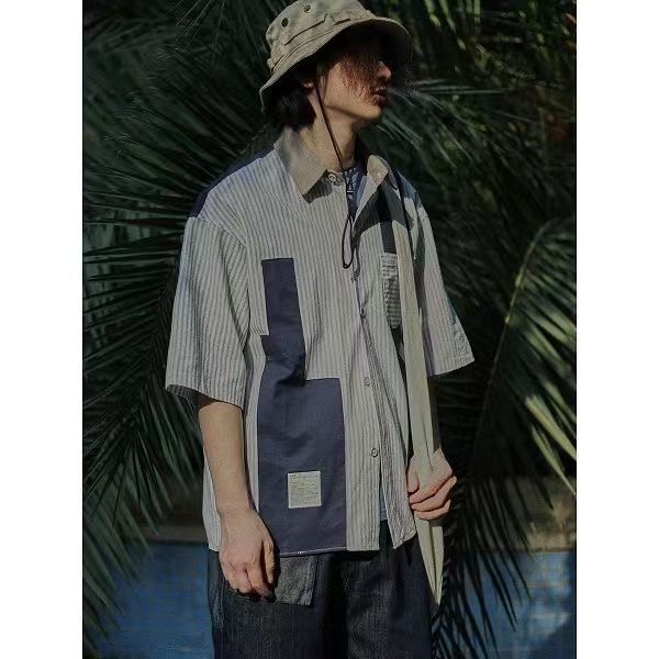 2023 Summer New Light Luxury Fashion Tooling Short-sleeved Shirt Men Loose Couple Casual Striped Shirt Boutique Clothing