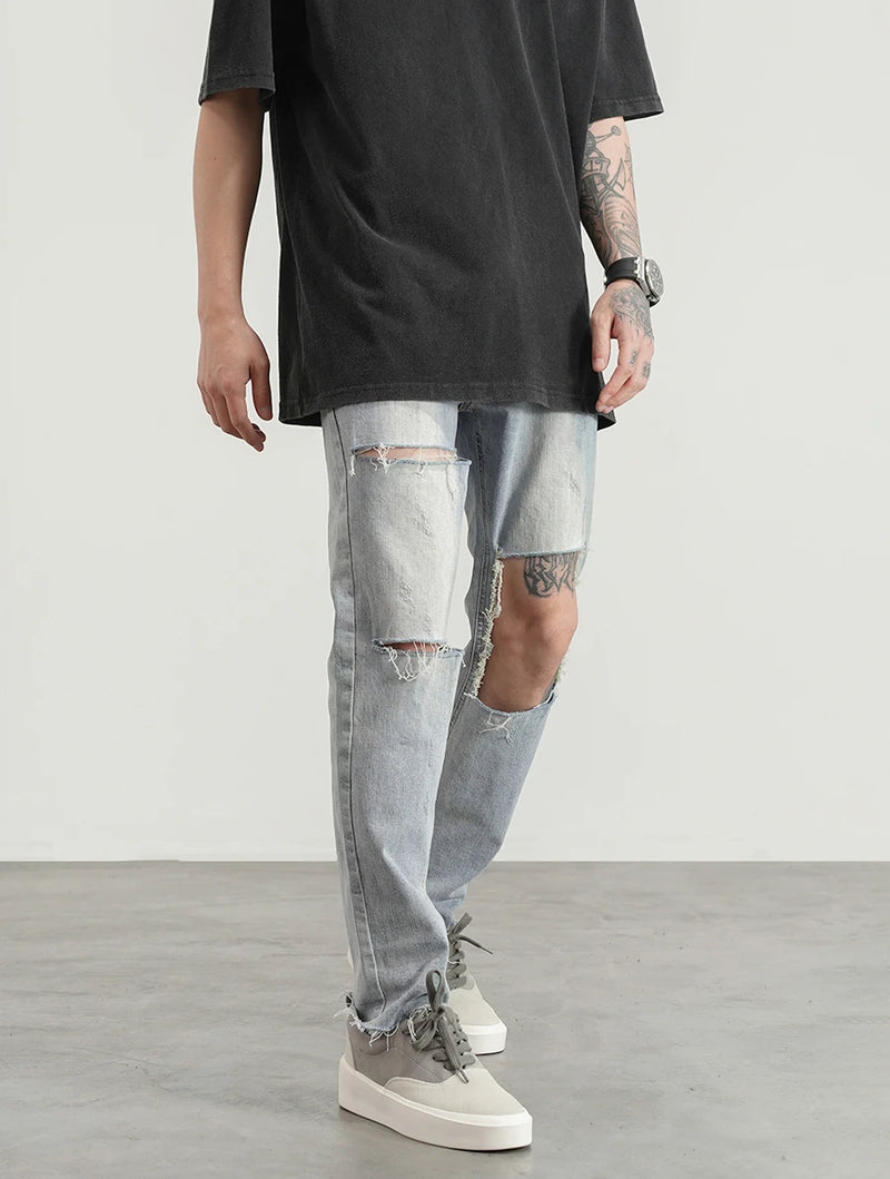 destroied big holes ripped denim jeans mens distressed biker jeans fashion high street slim straight pants streetwear joggers unique joggers style 1370