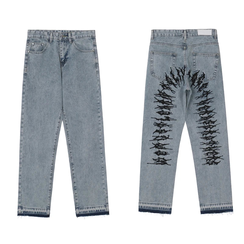 fashion back letters embroidery denim jeans mens casual zipper straight harajuku jean trouser hip hop streetwear pants joggers unique joggers style 5462