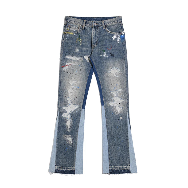high street retro spotted ink contrast color flared jeans pants male wide leg plus size patchwork ripped denim trousers unique jeans style 97